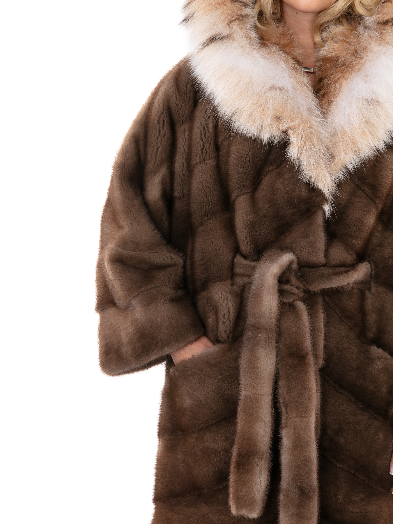 Женское пальто из меха норки с капюшоном, отделка из меха рыси